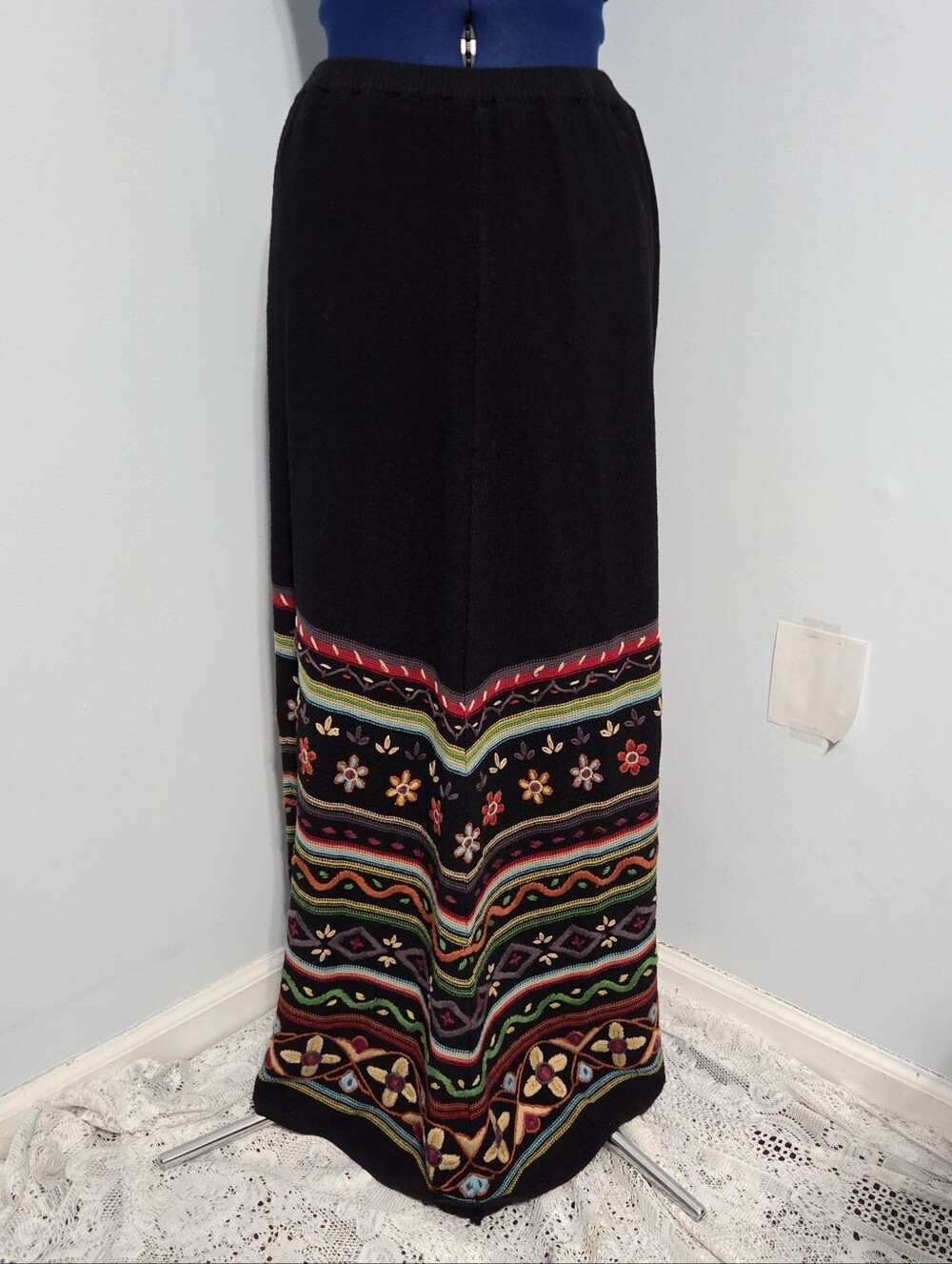 Black Embroidered Linen Blend Maxi Skirt Size S